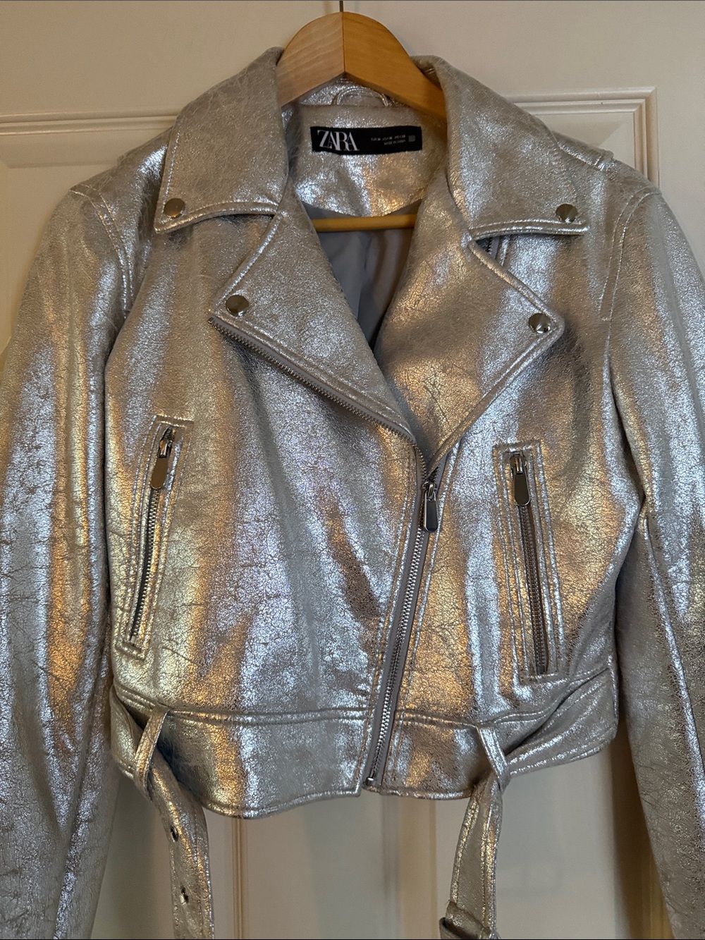 Zara Faux Leather Metallic Silver Cropped Moto Jacket - Picture 2 of 7